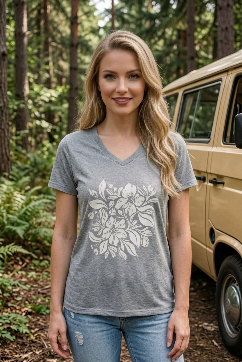 Wildflower Botanical V Neck T-Shirt | Boho Floral Design | Nature Lover Shirt