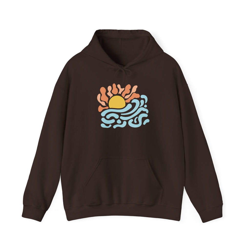 Sunrise Waves Hoodie — Retro Beach Graphic Pullover