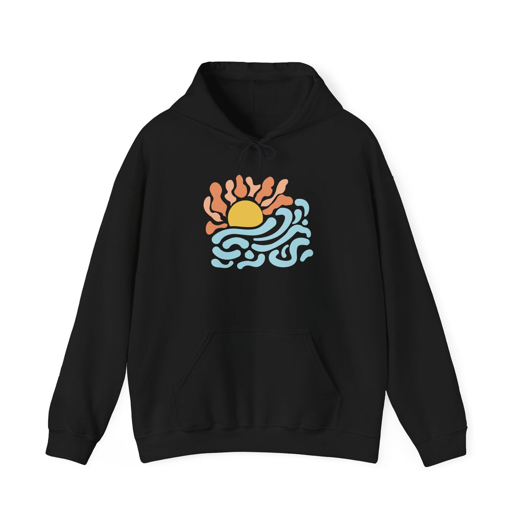 Sunrise Waves Hoodie — Retro Beach Graphic Pullover